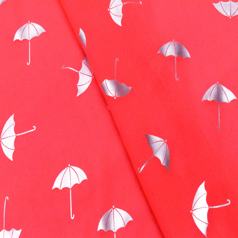 Caral Red-Silver Umbrella Foil Printed Polyester Chiffon Woven Fabric