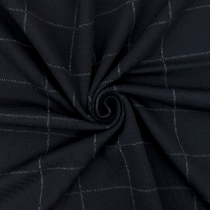 Deep Navy Blue-White Check Printed Cotton-Wool Matte Jersey Double Knit Fabric