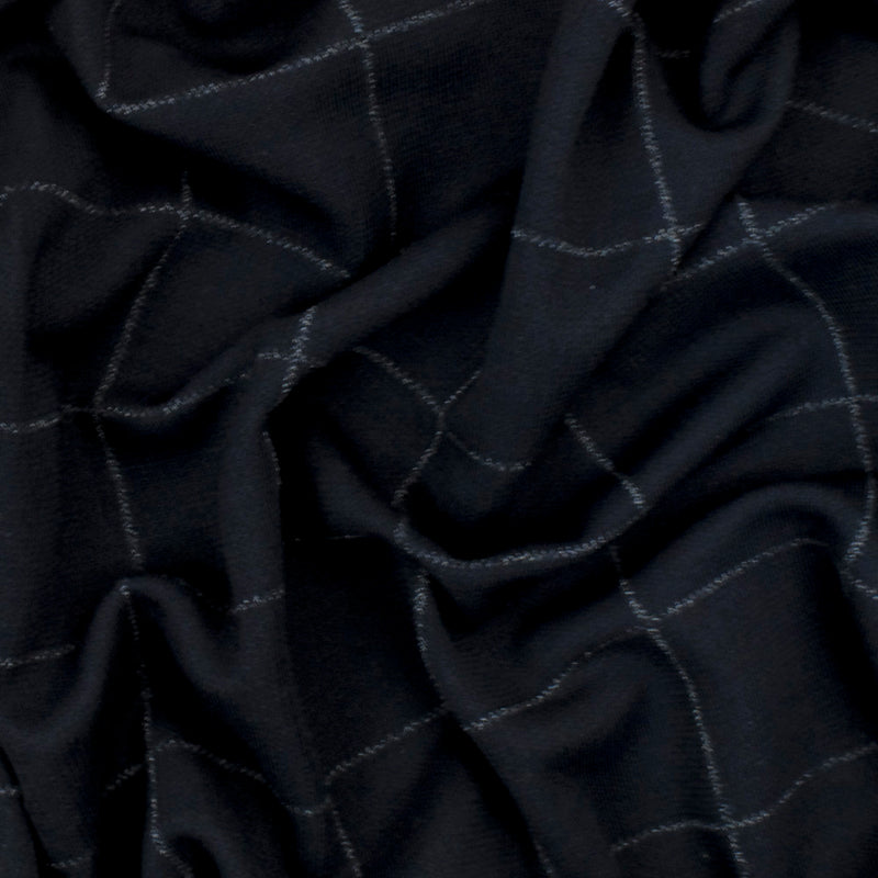 Deep Navy Blue-White Check Printed Cotton-Wool Matte Jersey Double Knit Fabric