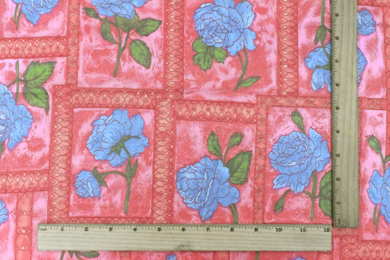Flower Pink-Blue-Multi Floral Frame Printed Cotton Sateen Fabric
