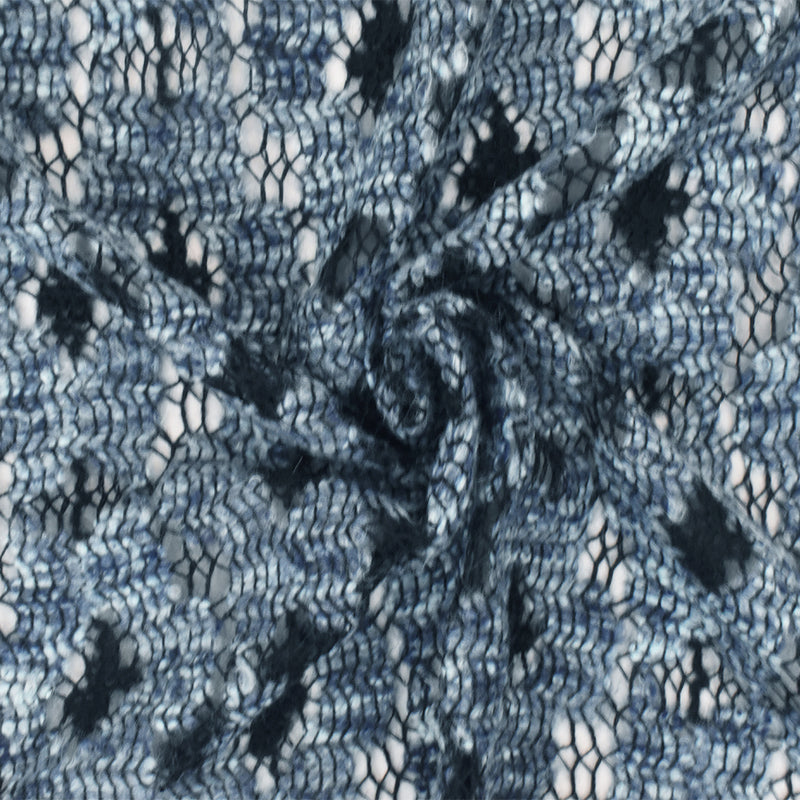 Ash Blue-Black-Multi Abstract Raschel Crochet Knit Fabric