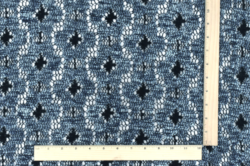 Ash Blue-Black-Multi Abstract Raschel Crochet Knit Fabric