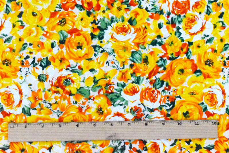 Orange-Yellow-Multi Floral Printed Cotton Poplin Woven Fabric