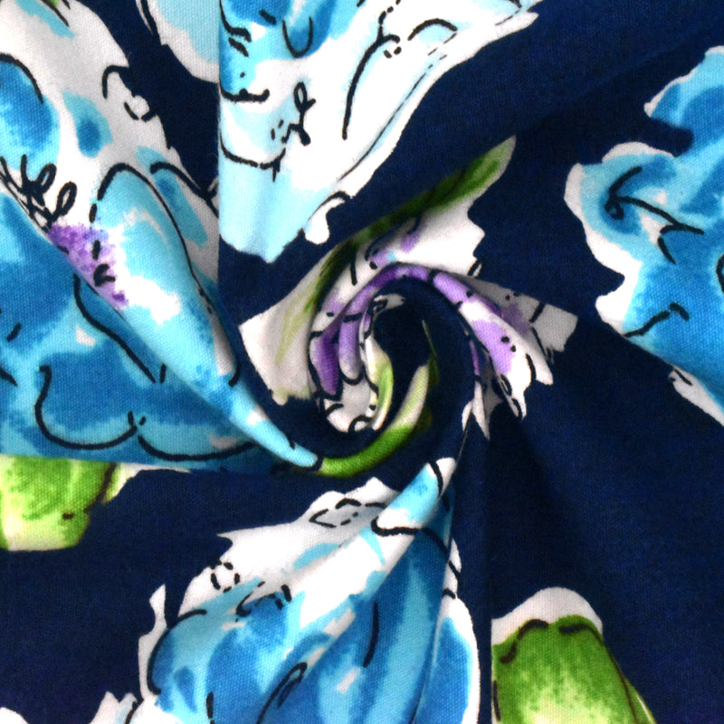 Dark Navy Blue-Multi Floral Printed Cotton Poplin Woven Fabric