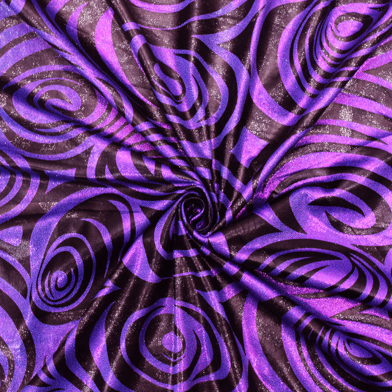 Purple-Black Swirl Hologram Print Stretch Activewear Fabric