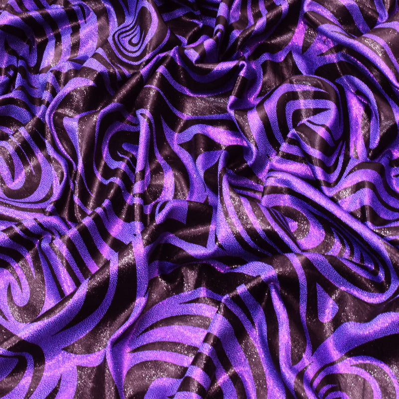 Purple-Black Swirl Hologram Print Stretch Activewear Fabric