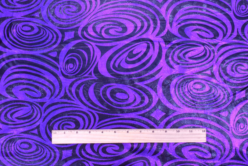 Purple-Black Swirl Hologram Print Stretch Activewear Fabric