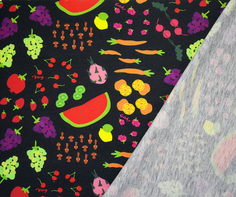Black-Multi Poly Fruit and Veg Printed Stretch Spandex 2x2 Rib Knit Fabric