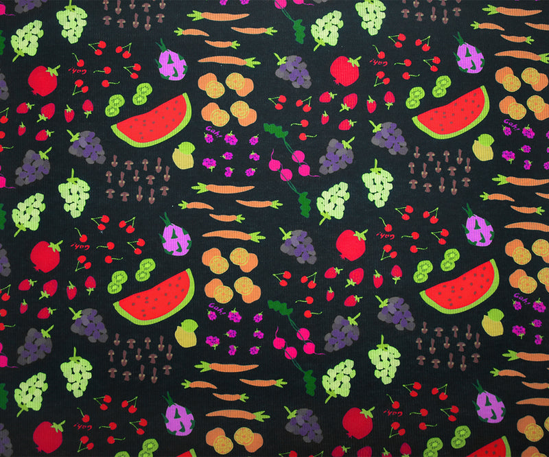 Black-Multi Poly Fruit and Veg Printed Stretch Spandex 2x2 Rib Knit Fabric