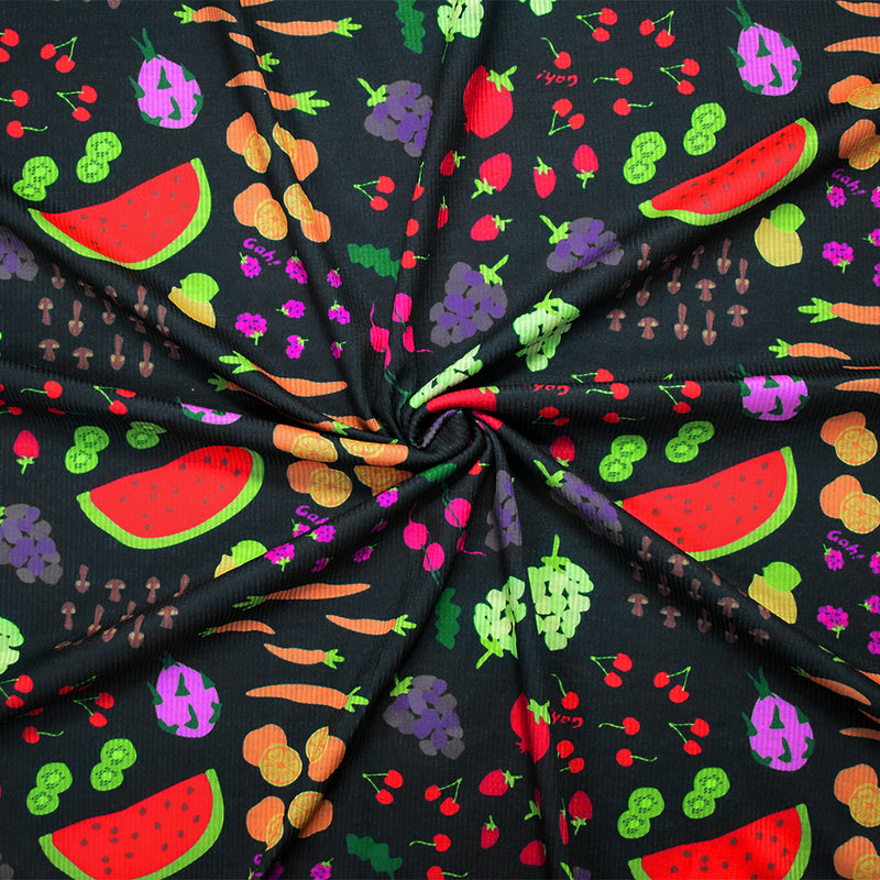 Black-Multi Poly Fruit and Veg Printed Stretch Spandex 2x2 Rib Knit Fabric