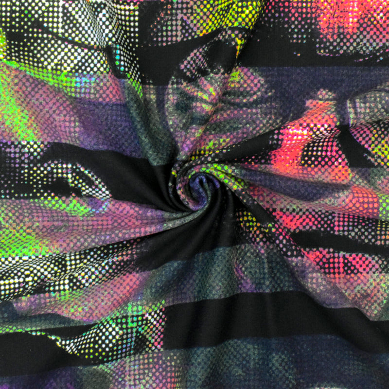 Black-Green-Multi Famous Maker Face Printed Stretch Tricot Swimwear Fabric