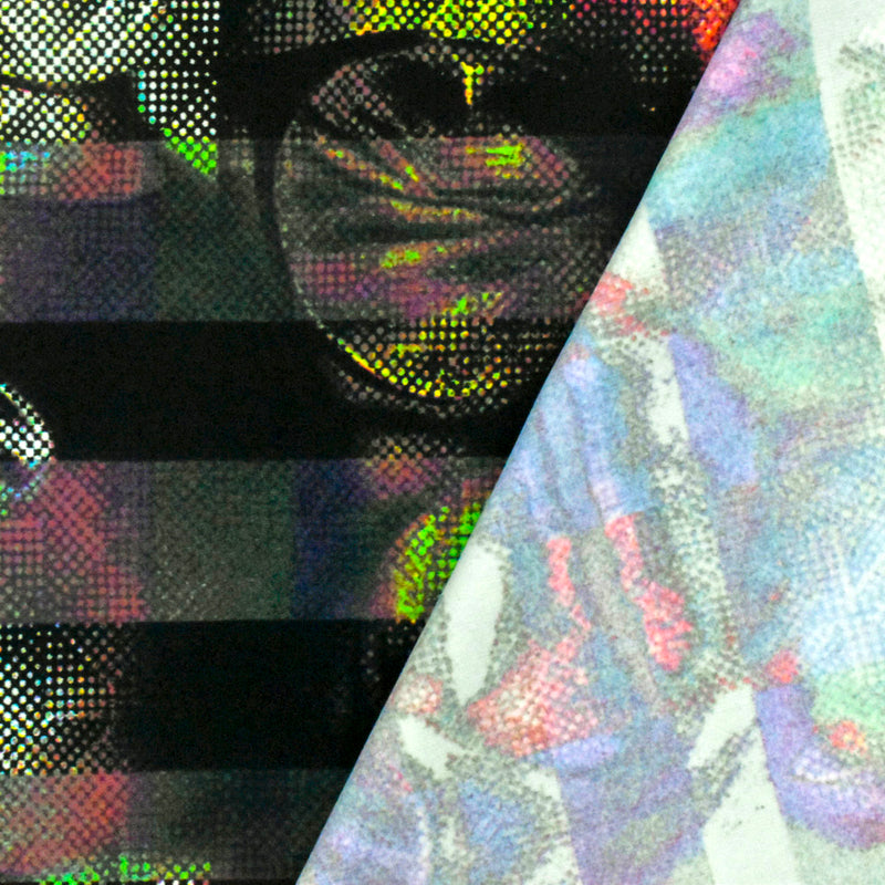 Black-Green-Multi Famous Maker Face Printed Stretch Tricot Swimwear Fabric