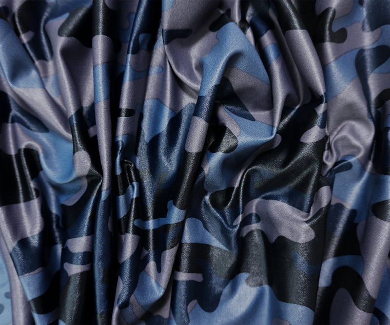 Blue Famous Maker Nylon Camo Printed Satin Tricot Knit Fabric