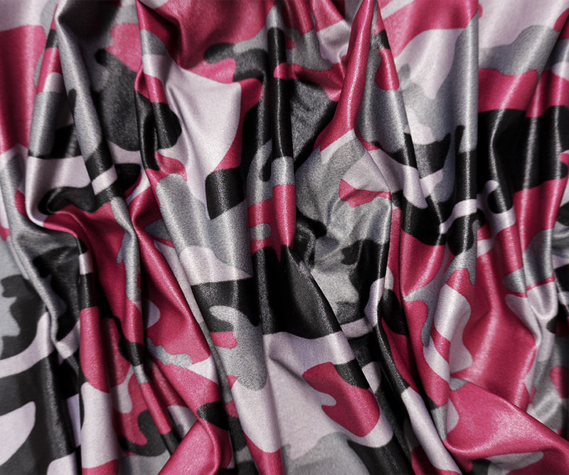 Pink-Gray Famous Maker Nylon Camo Print Satin Tricot Knit Fabric