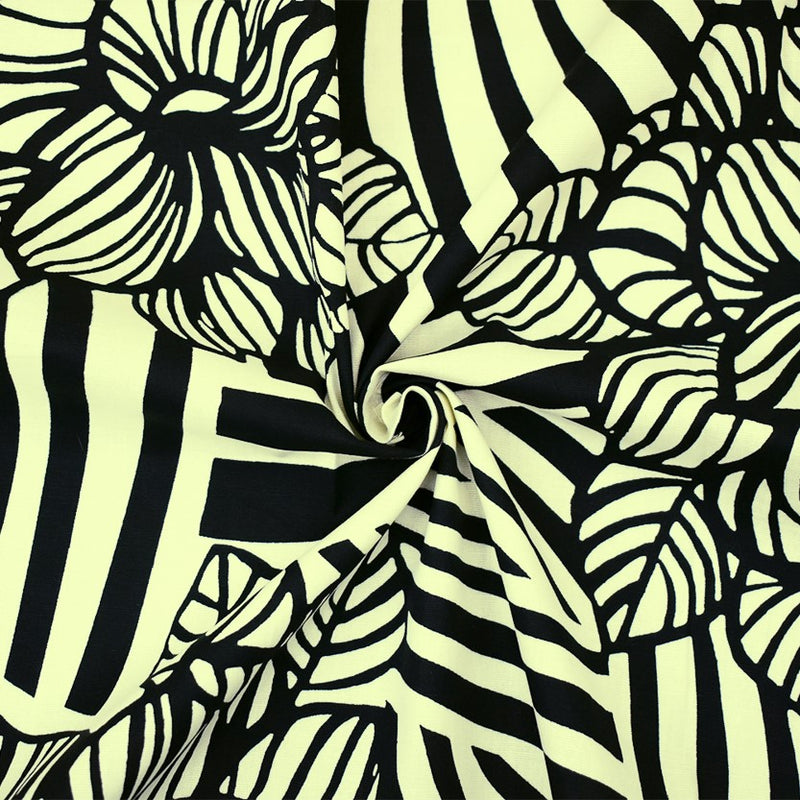 Ivory-Black Abstract Floral Printed Stretch Cotton Poplin Woven Fabric