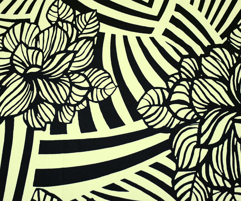 Ivory-Black Abstract Floral Printed Stretch Cotton Poplin Woven Fabric