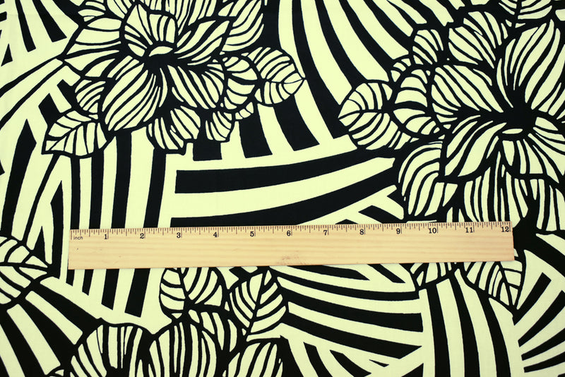 Ivory-Black Abstract Floral Printed Stretch Cotton Poplin Woven Fabric