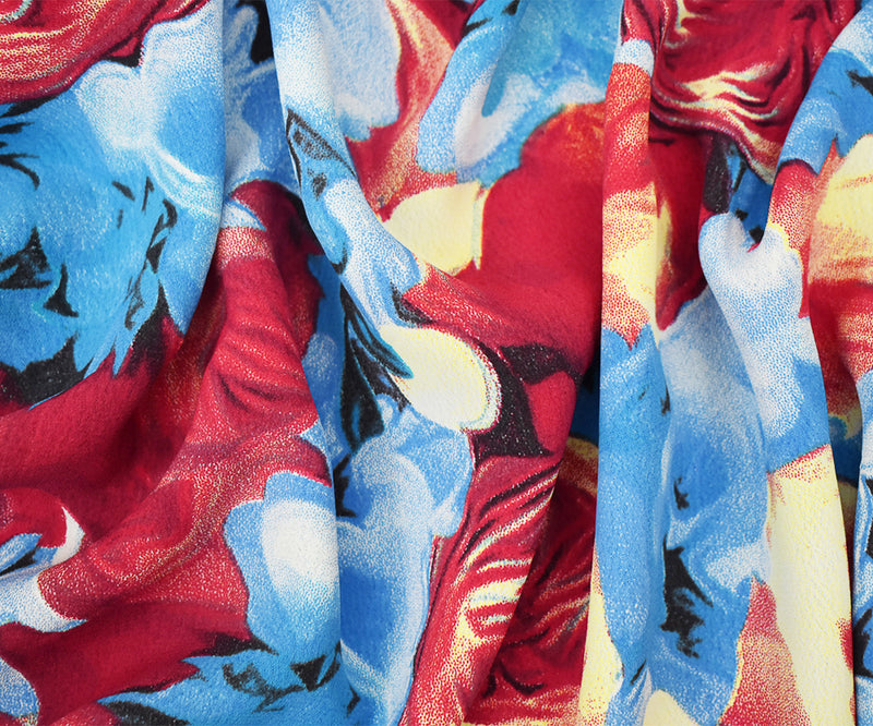 Blue-Red-Multi Floral Printed Rayon Crepe Faille Woven Fabric
