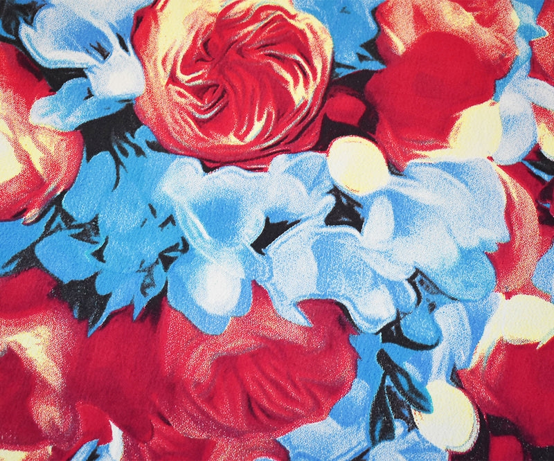 Blue-Red-Multi Floral Printed Rayon Crepe Faille Woven Fabric