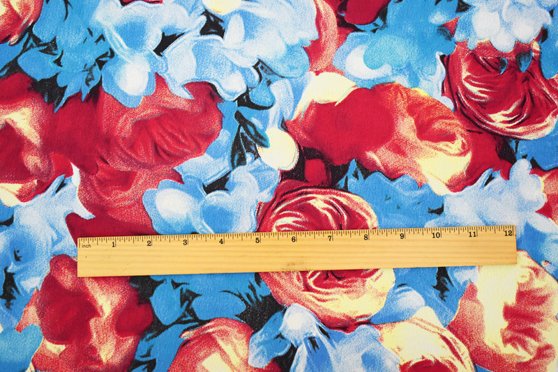 Blue-Red-Multi Floral Printed Rayon Crepe Faille Woven Fabric
