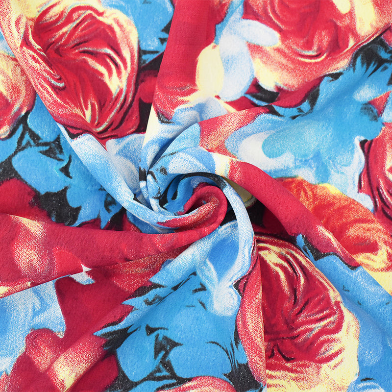 Blue-Red-Multi Floral Printed Rayon Crepe Faille Woven Fabric