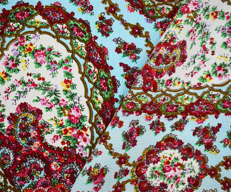 Blue-Red-Multi Floral Frame Trellis Printed Rayon Crepe Faille Fabric