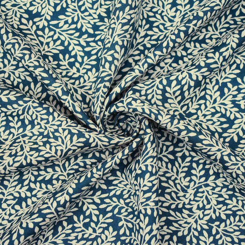 Deep Teal-Beige Leaf Vines Printed Rayon Challis Woven Fabric