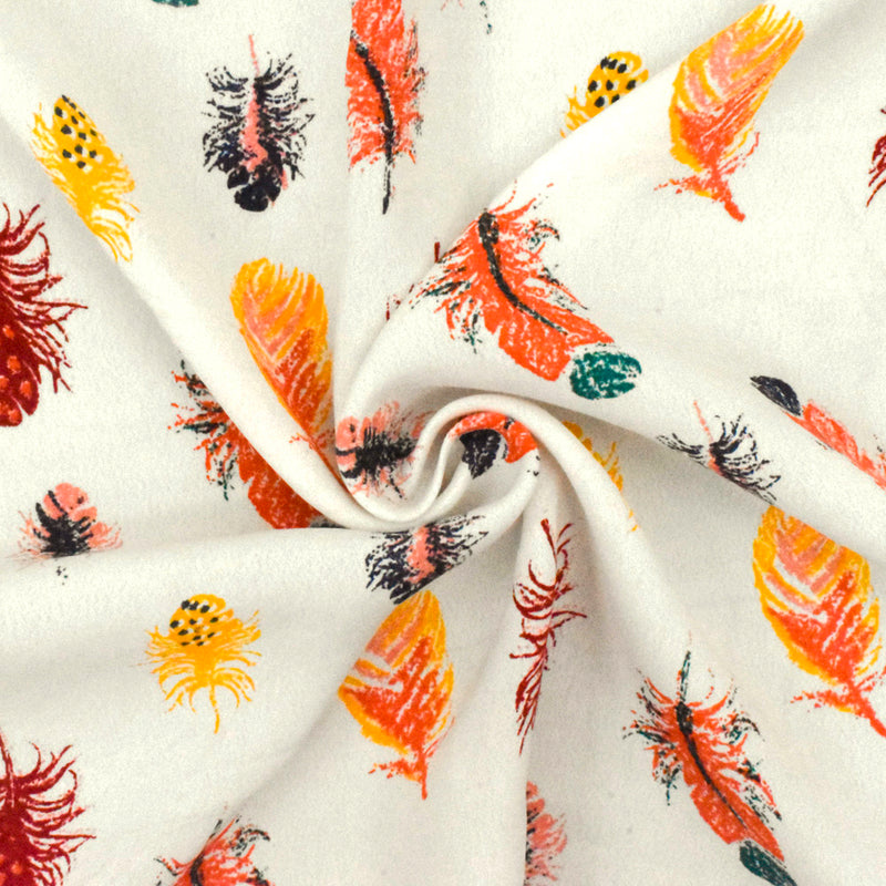 Ivory-Orange-Multi Feather Printed Rayon Crepe Faille Woven Fabric
