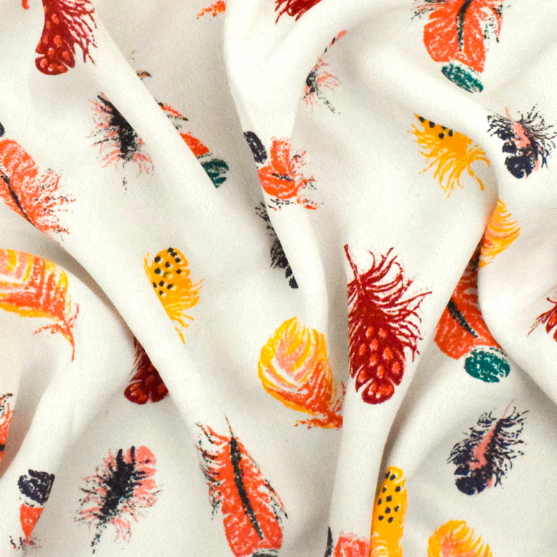 Ivory-Orange-Multi Feather Printed Rayon Crepe Faille Woven Fabric
