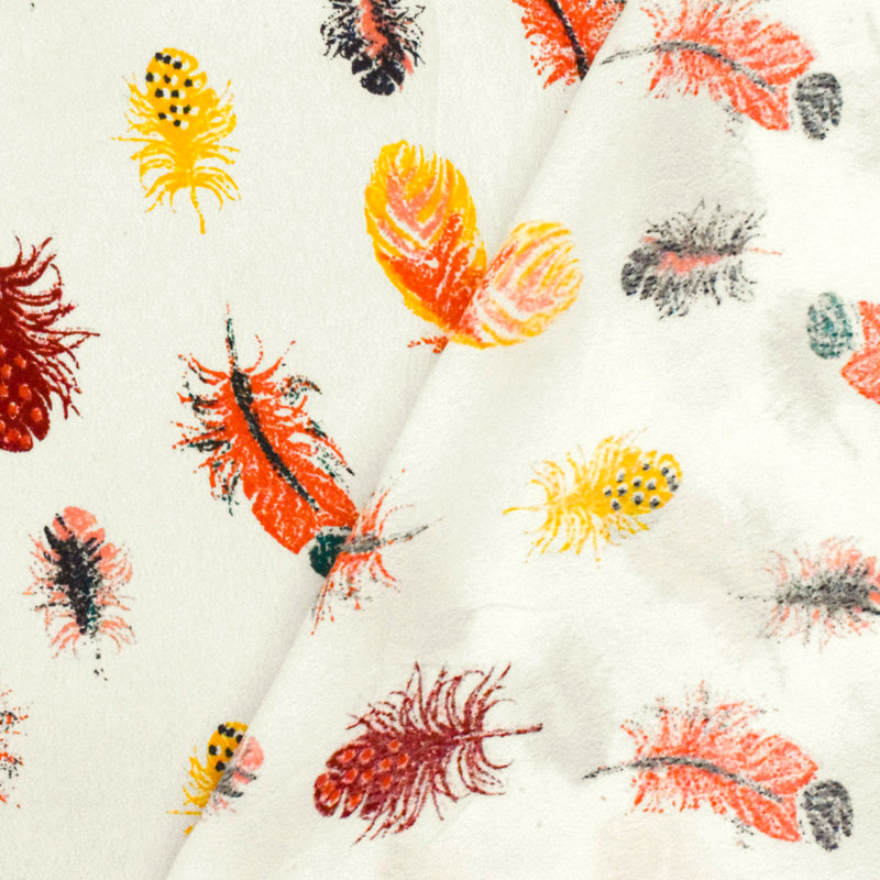Ivory-Orange-Multi Feather Printed Rayon Crepe Faille Woven Fabric