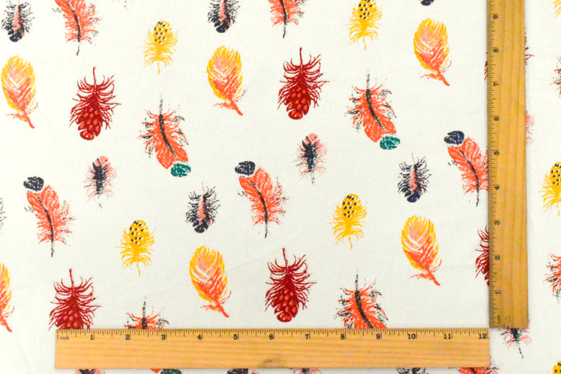 Ivory-Orange-Multi Feather Printed Rayon Crepe Faille Woven Fabric