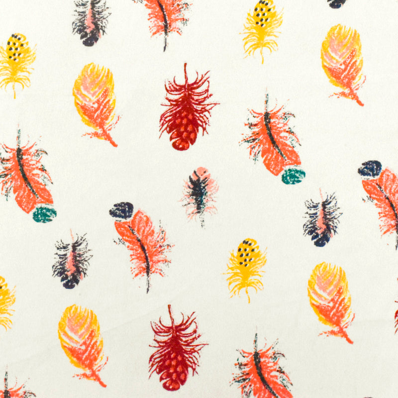 Ivory-Orange-Multi Feather Printed Rayon Crepe Faille Woven Fabric