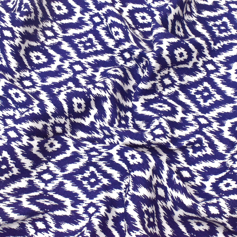 Royal Blue-White Ikat Printed Rayon Crepe Faille Woven Fabric