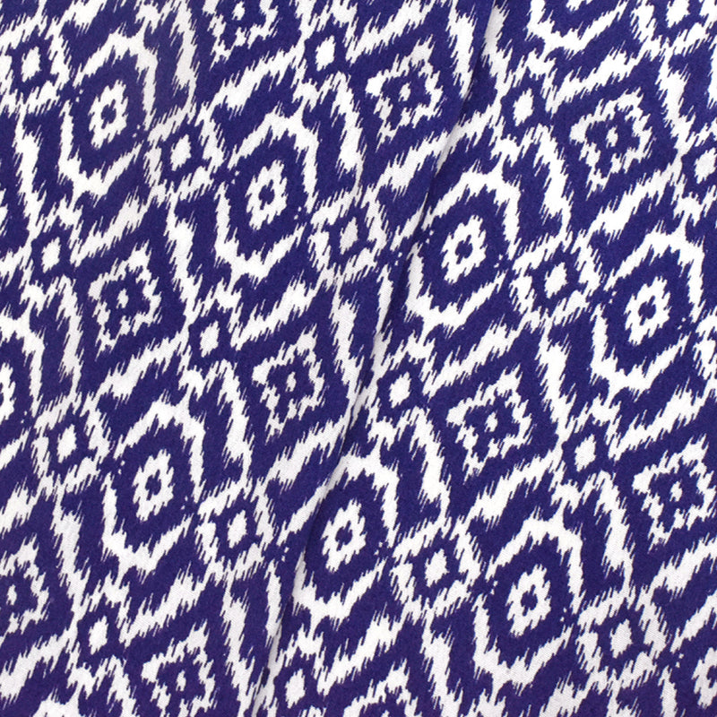 Royal Blue-White Ikat Printed Rayon Crepe Faille Woven Fabric