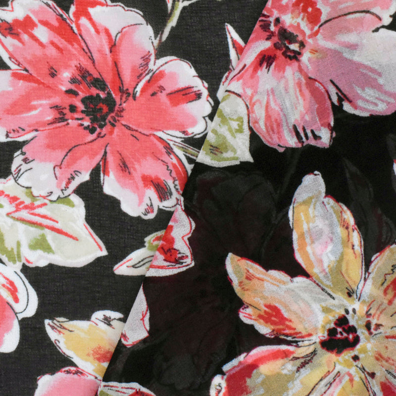 Flower Pink-Black-Multi Floral Printed Polyester Chiffon Woven Fabric