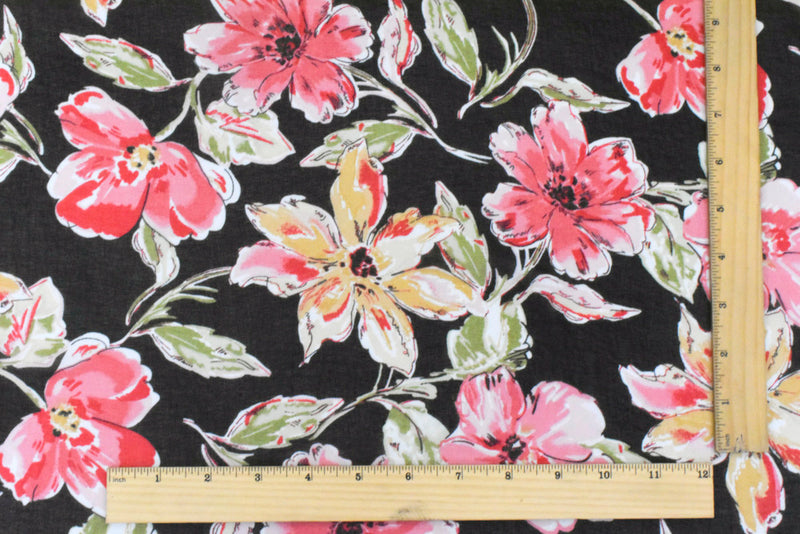Flower Pink-Black-Multi Floral Printed Polyester Chiffon Woven Fabric