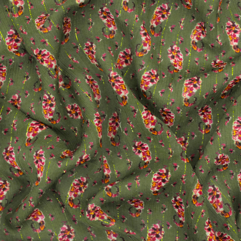1 1/2 YD PC-Olive-Multi Famous Designer Floral Printed Metallic Stripe Chiffon Fabric
