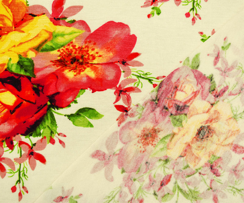Ivory-Pink-Multi Rayon Floral Printed Stretch Spandex Jersey Knit Fabric