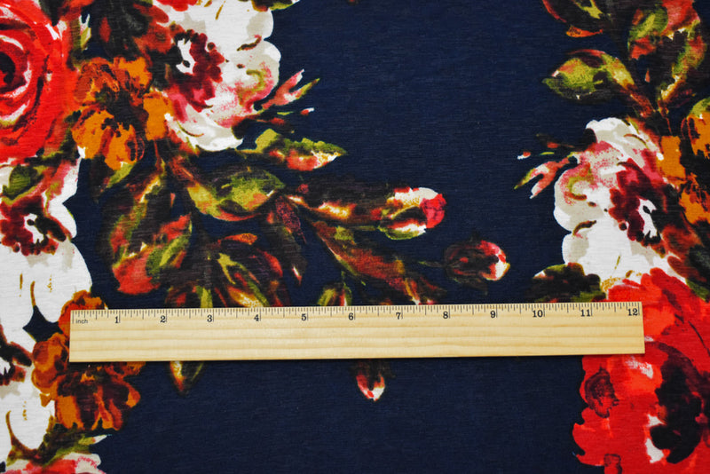 Deep Navy Blue-Multi Poly Floral Printed Onion Skin Jersey Knit Fabric