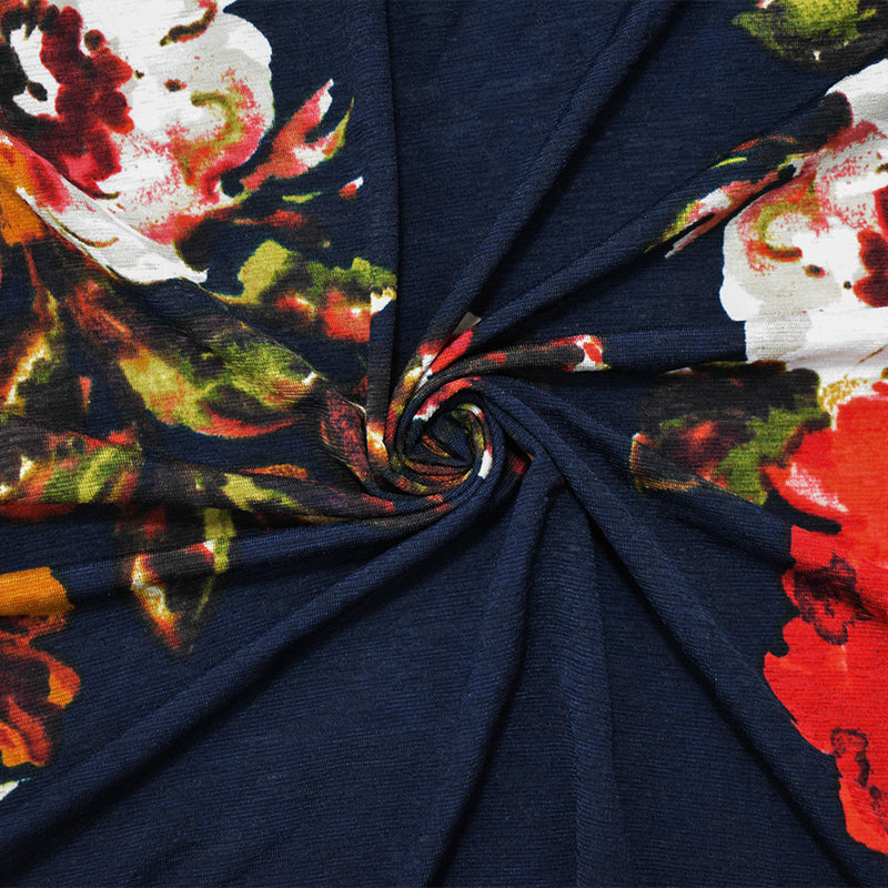 Deep Navy Blue-Multi Poly Floral Printed Onion Skin Jersey Knit Fabric