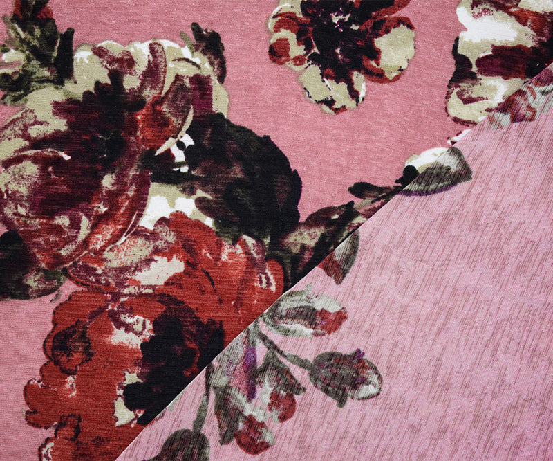 Pink-Red-Multi Poly Floral Printed Onion Skin Jersey Knit Fabric