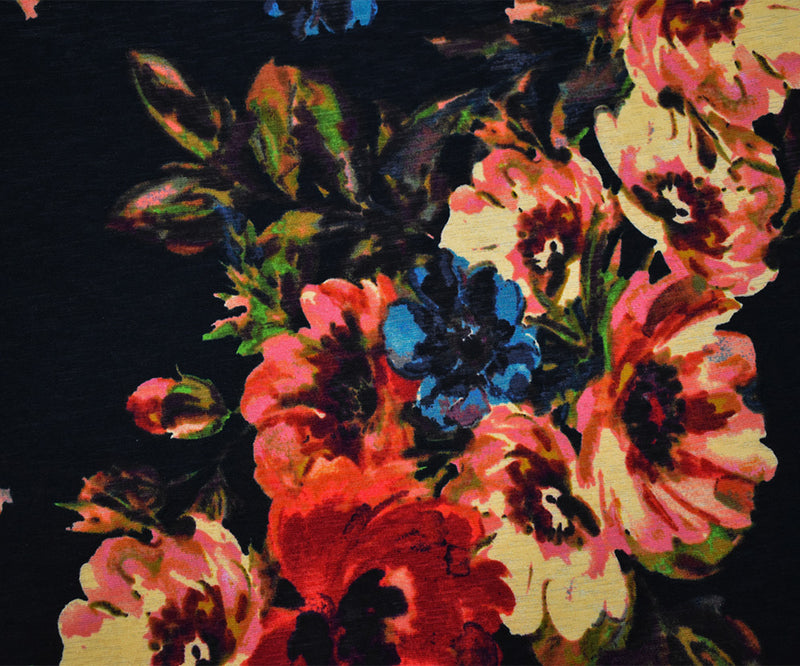 Black-Multi Poly Floral Print Stretch Spandex Onion Skin Jersey Knit Fabric