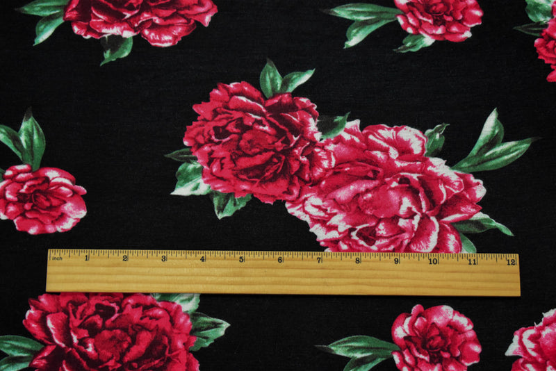 Black-Red-Green Cotton Floral Printed Stretch Spandex Jersey Knit Fabric