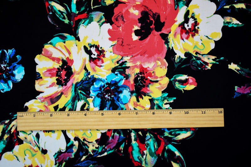 Black-Red-Multi Floral Printed Stretch Spandex Poplin Woven Fabric