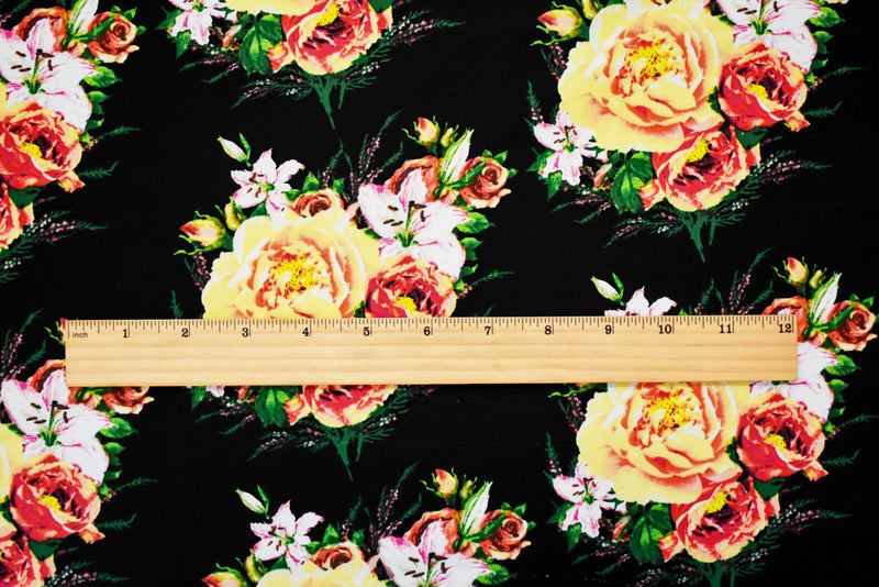 Black-Yellow-Multi Floral Printed Stretch Spandex Poplin Woven Fabric