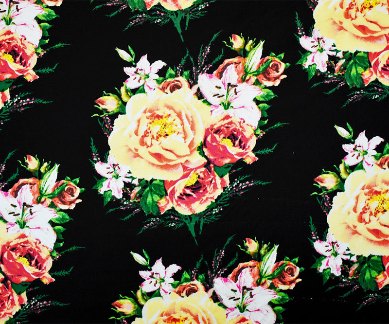 Black-Yellow-Multi Floral Printed Stretch Spandex Poplin Woven Fabric