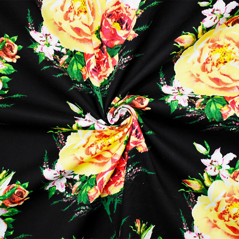 Black-Yellow-Multi Floral Printed Stretch Spandex Poplin Woven Fabric