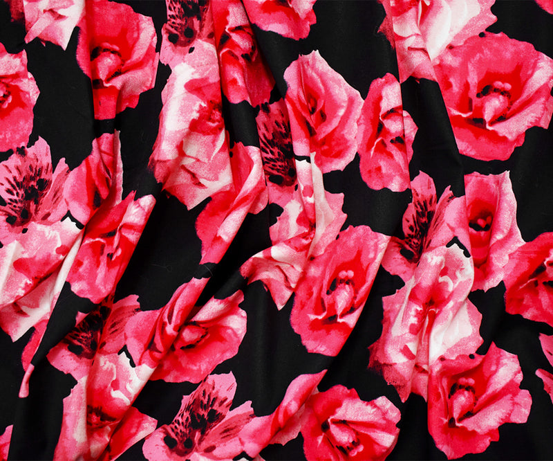 Red-Pink-Black Floral Printed Stretch Spandex Poplin Woven Fabric