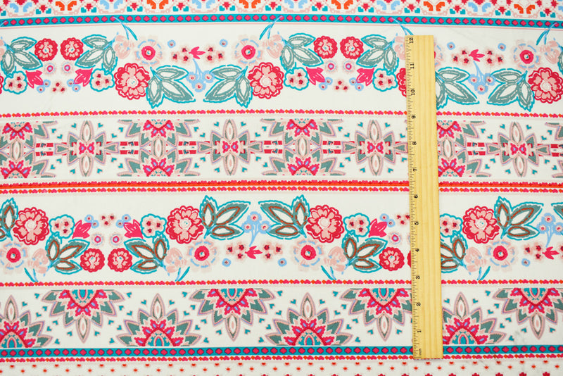 Red-Multi Cotton Stripe Floral Print Stretch Spandex Poplin Woven Fabric