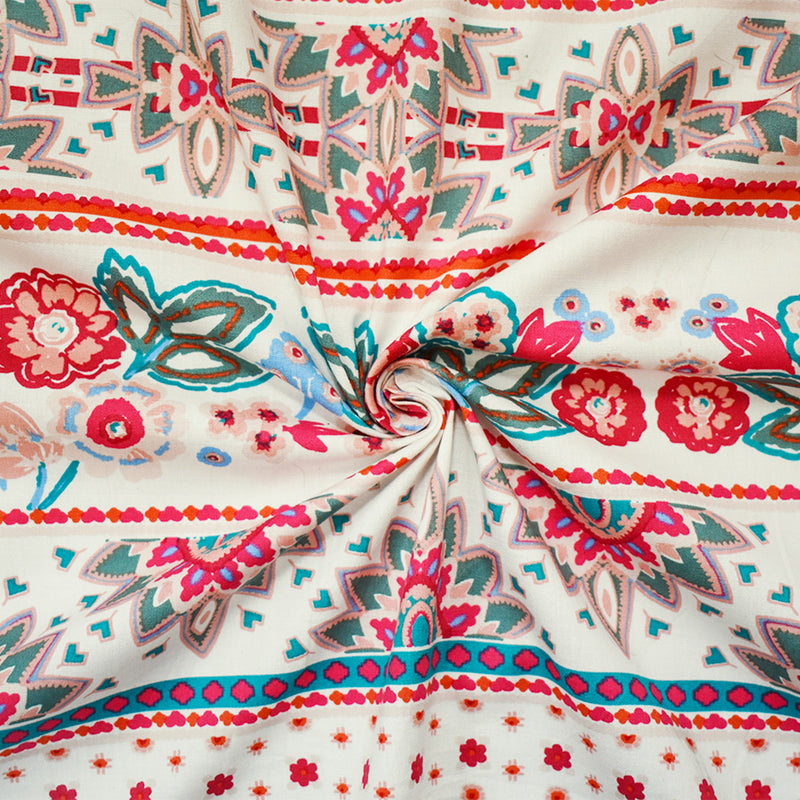 Red-Multi Cotton Stripe Floral Print Stretch Spandex Poplin Woven Fabric